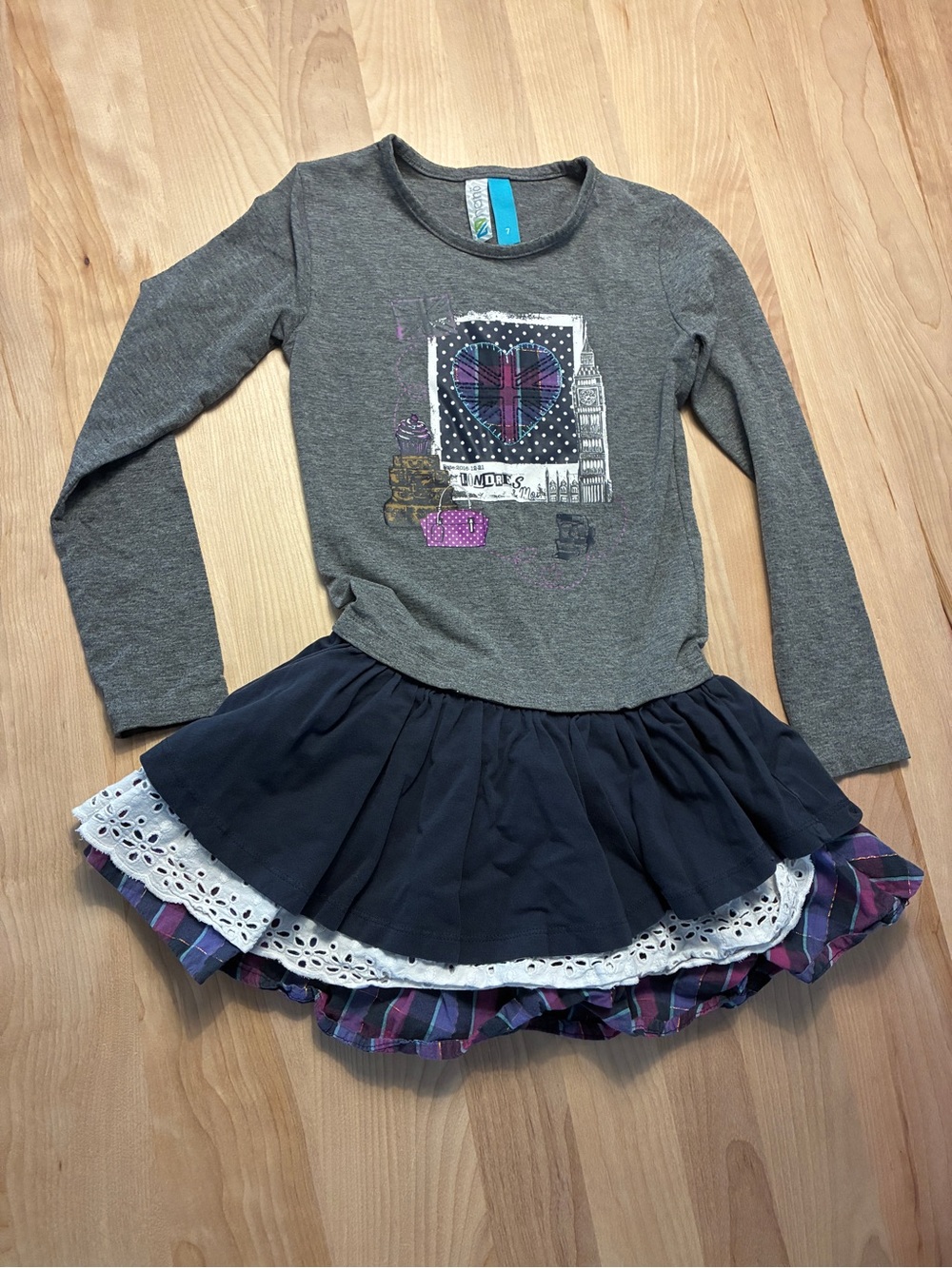 Nano Gray Girls Top with Navy and Purple Accents